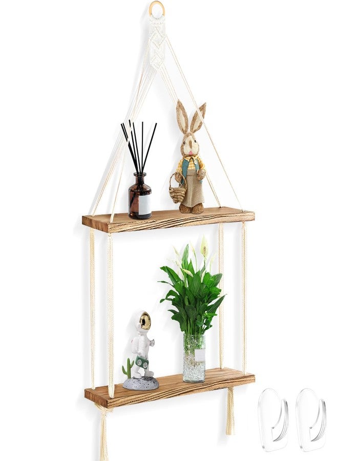 WATUNID Macrame Wall Hanging Shelves Boho Room Decor, 2 Tier Handmade Cotton Rope Rustic Wood Corner Floating Shelves with 2 Hooks, Decorative Hanging Storage Shelf for Living Room, Bathroom, Bedroom - Image 1